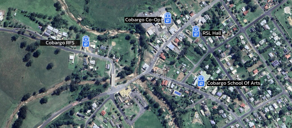 Map of Cobargo village with the locations of the four energy refuges marked